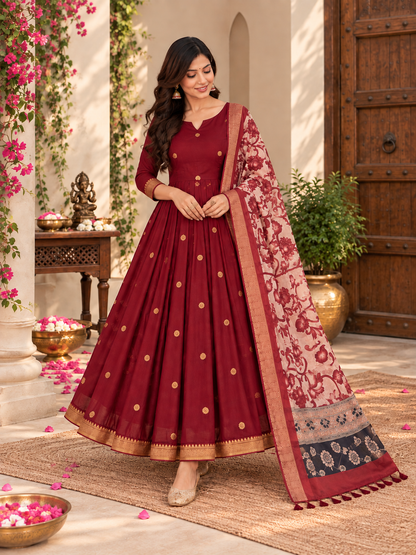 Maroon Festive Anarkali With Floral Dupatta