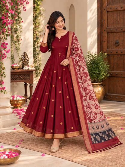 Maroon Festive Anarkali With Floral Dupatta
