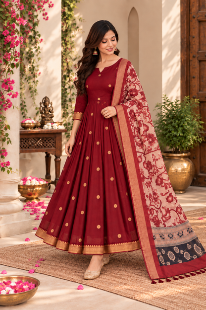 Maroon Festive Anarkali With Floral Dupatta