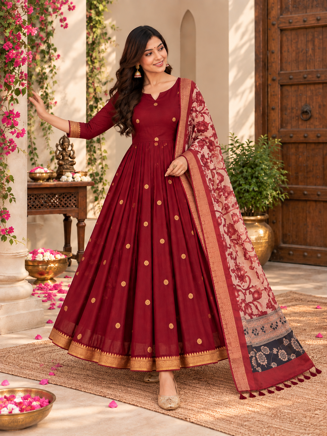 Maroon Festive Anarkali With Floral Dupatta