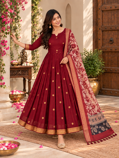 Maroon Festive Anarkali With Floral Dupatta