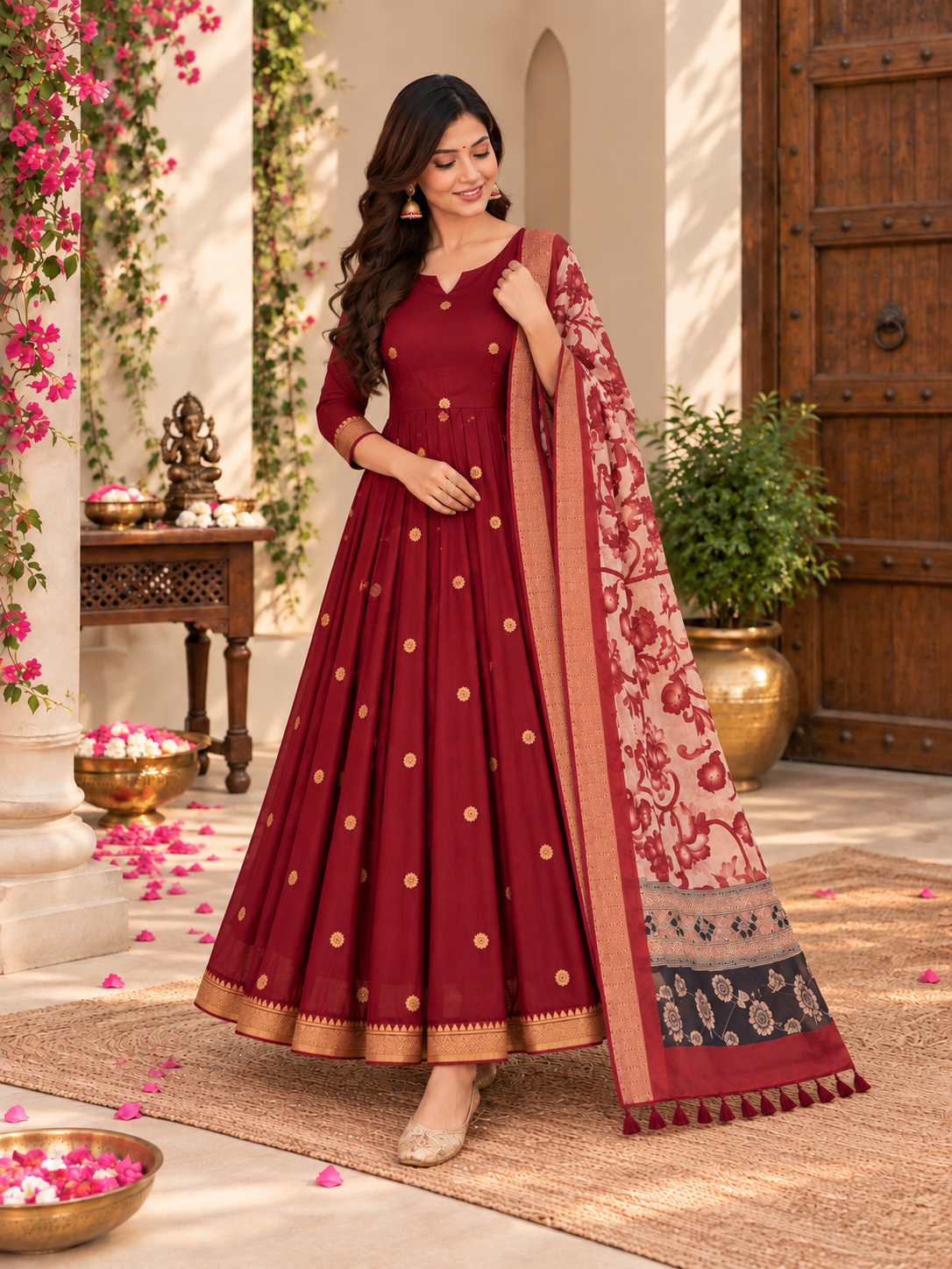Maroon Festive Anarkali With Floral Dupatta