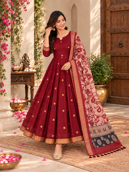 Maroon Festive Anarkali With Floral Dupatta