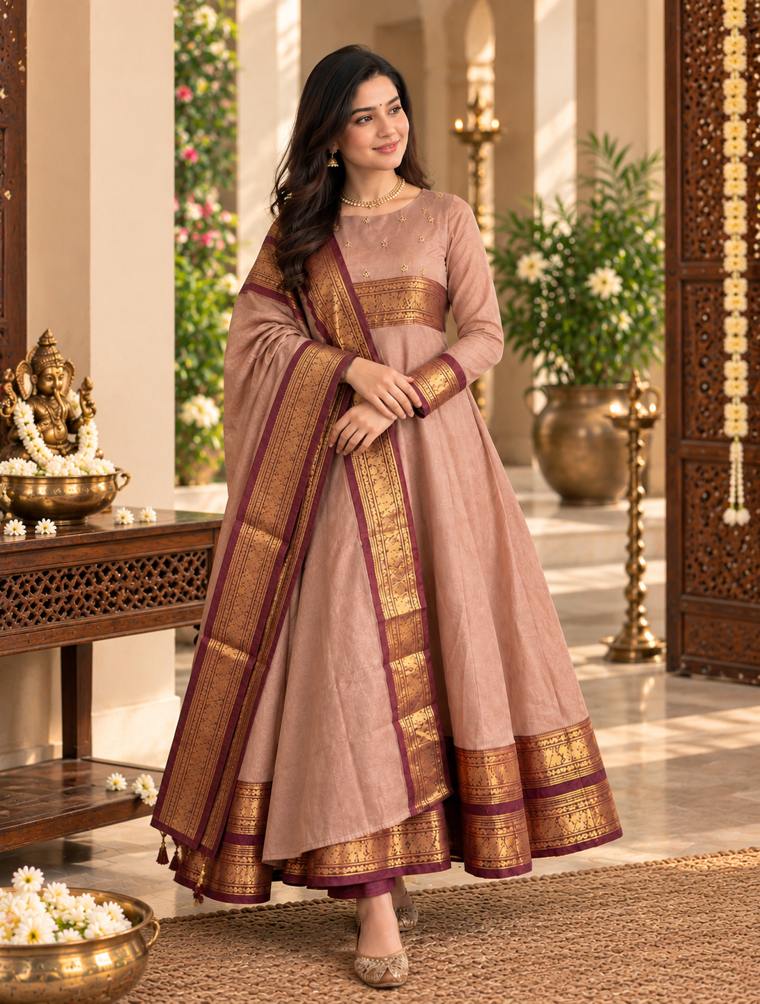Dusty Rose Zari Border Anarkali Set