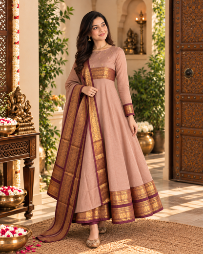 Dusty Rose Zari Border Anarkali Set