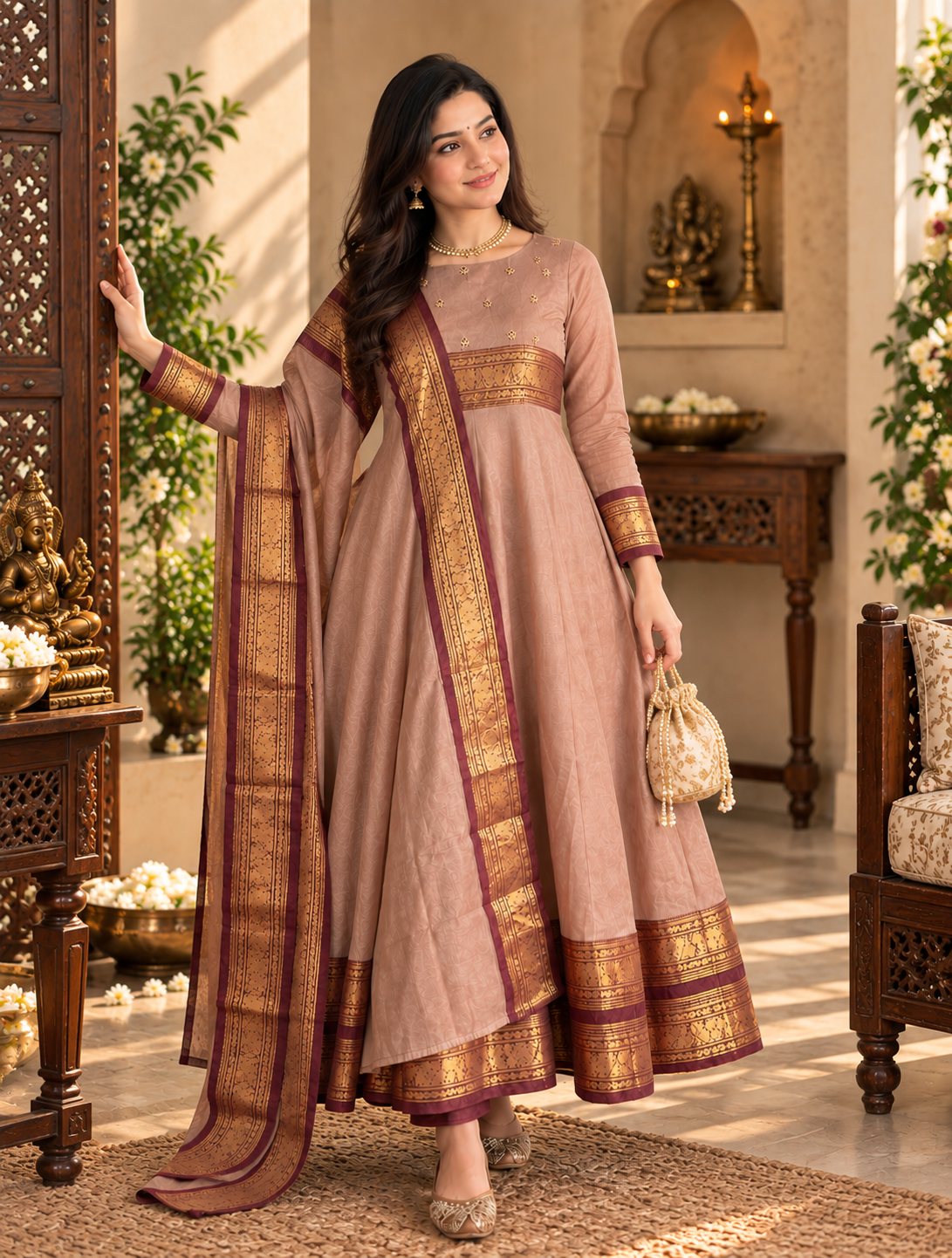 Dusty Rose Zari Border Anarkali Set