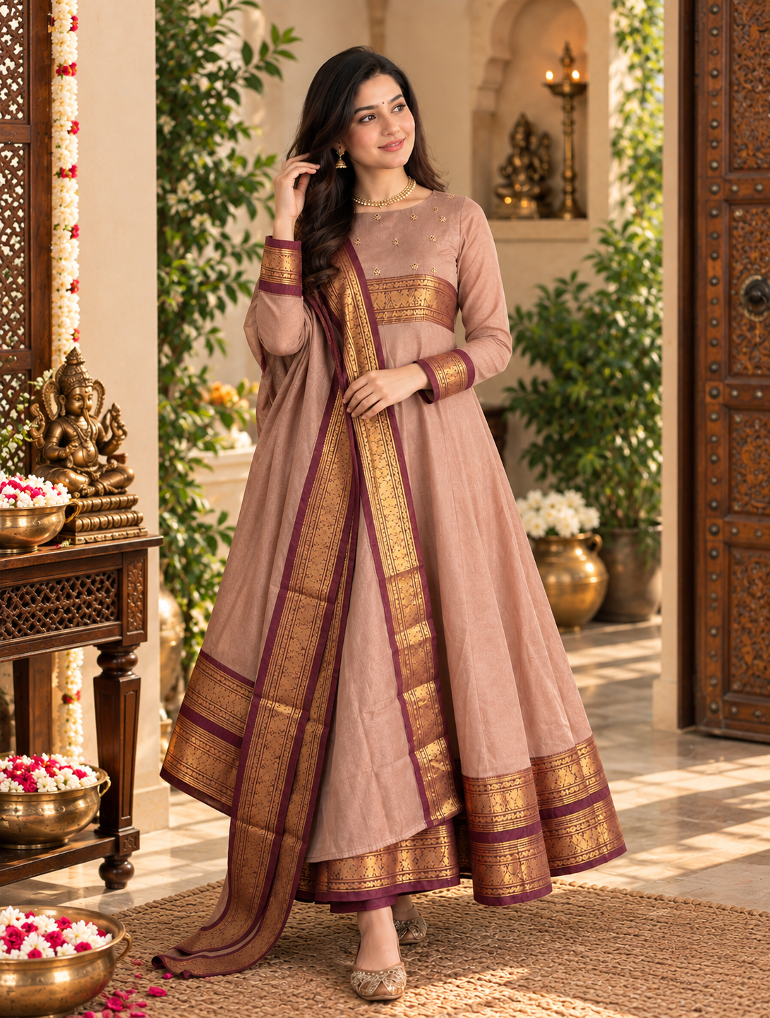 Dusty Rose Zari Border Anarkali Set