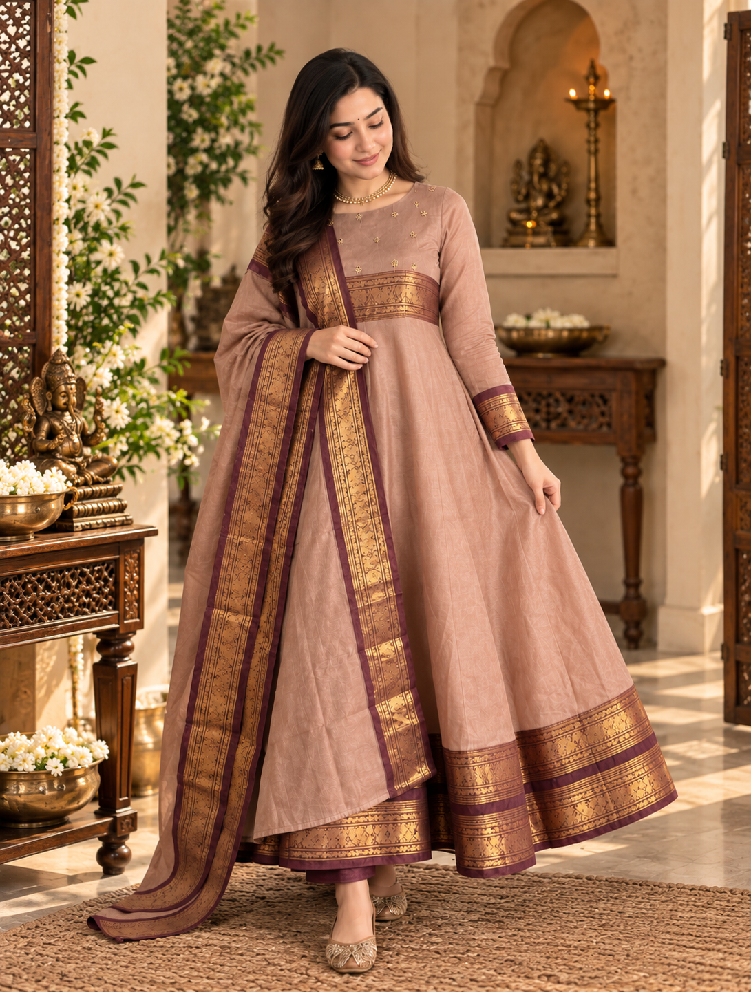 Dusty Rose Zari Border Anarkali Set