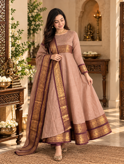 Dusty Rose Zari Border Anarkali Set
