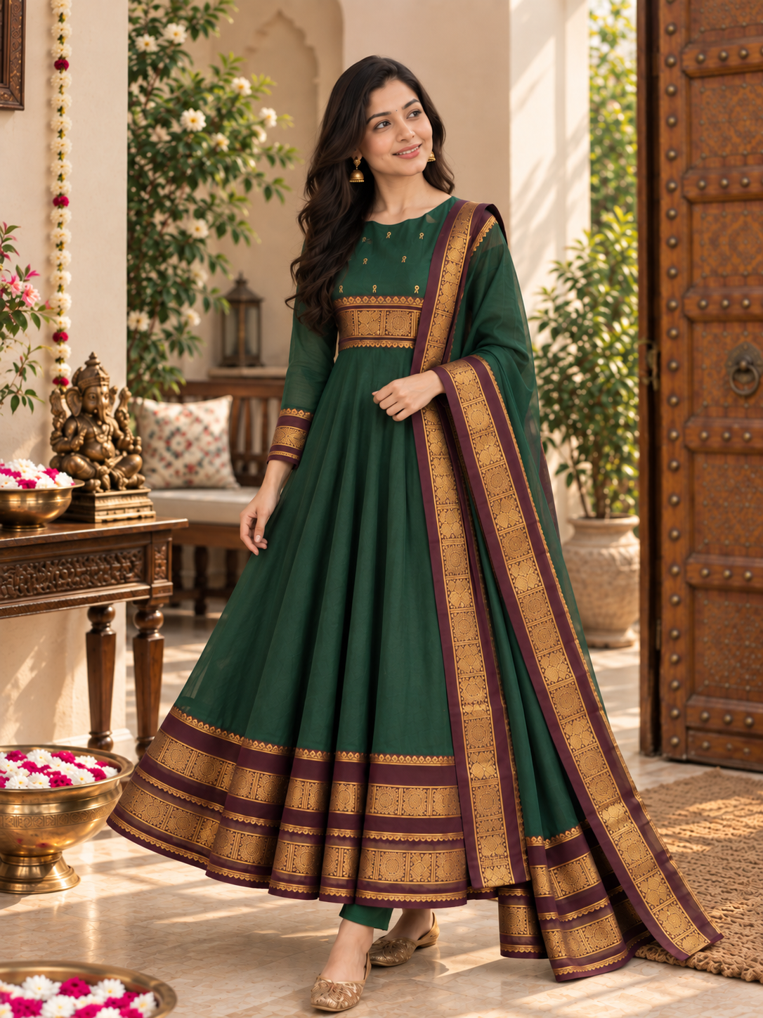 Forest Green Heritage Border Anarkali Set