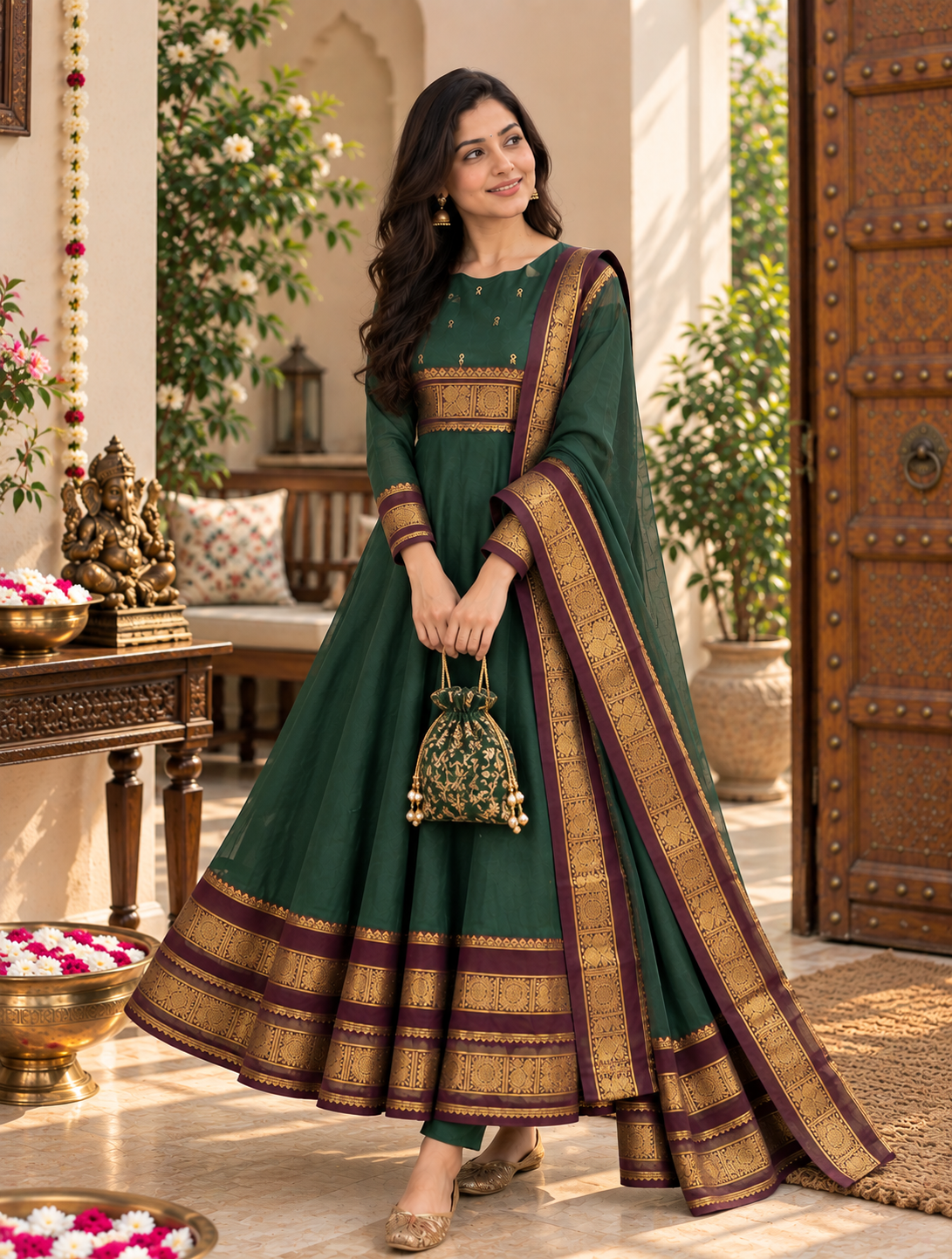 Forest Green Heritage Border Anarkali Set