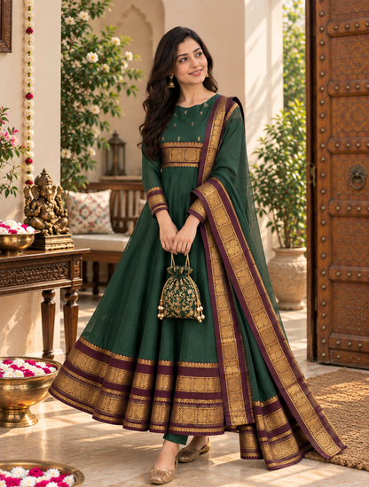 Forest Green Heritage Border Anarkali Set