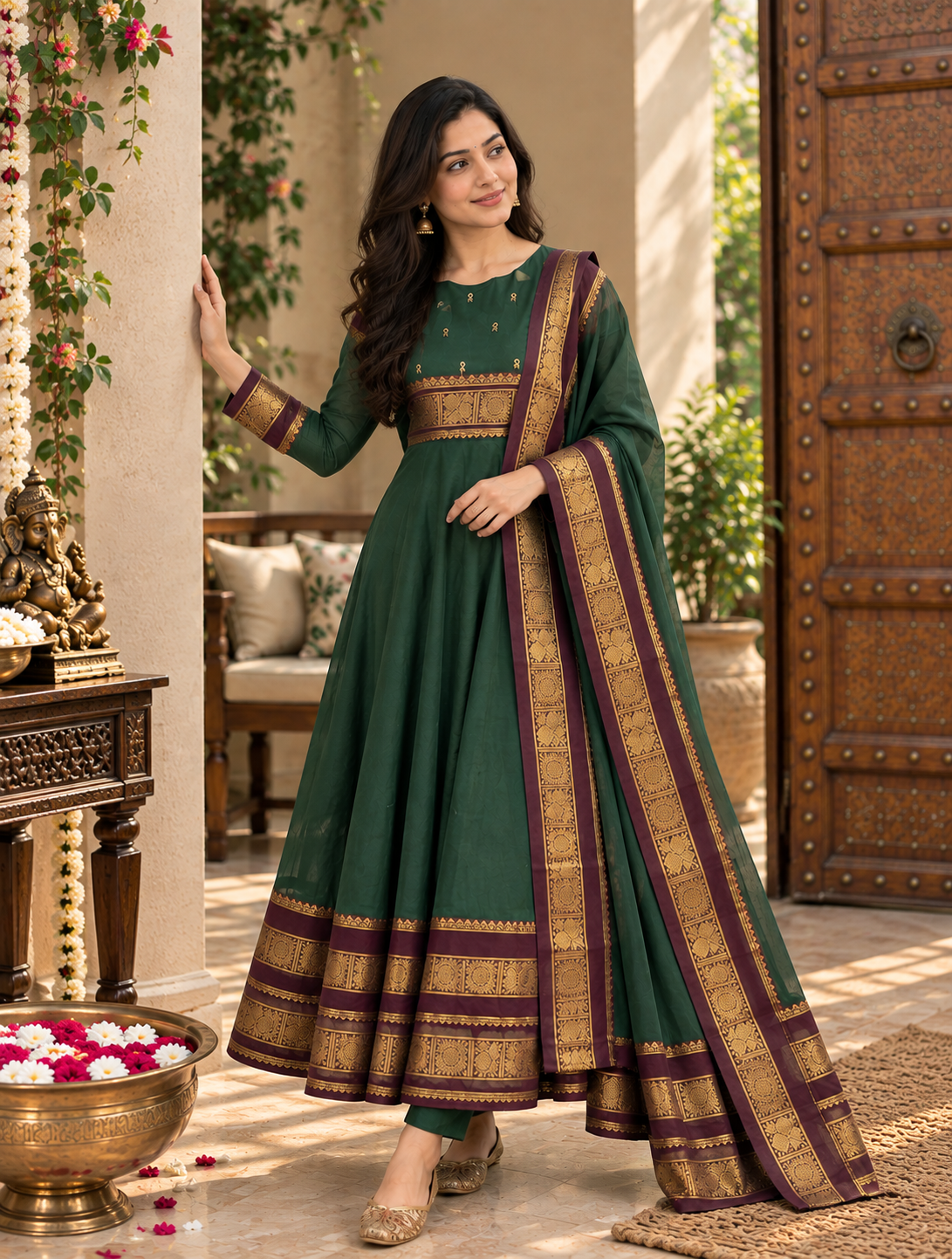 Forest Green Heritage Border Anarkali Set