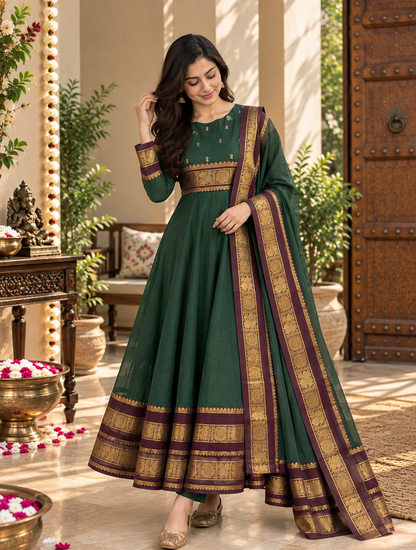 Forest Green Heritage Border Anarkali Set