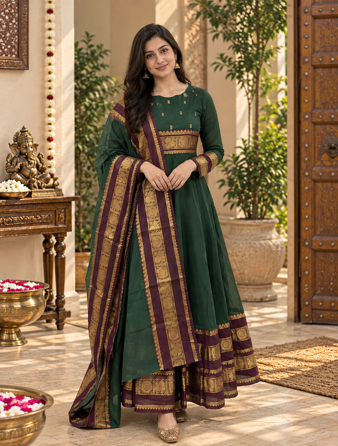 Forest Green Heritage Border Anarkali Set