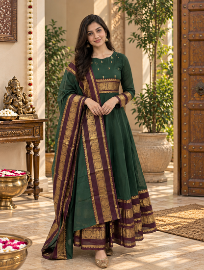 Forest Green Heritage Border Anarkali Set
