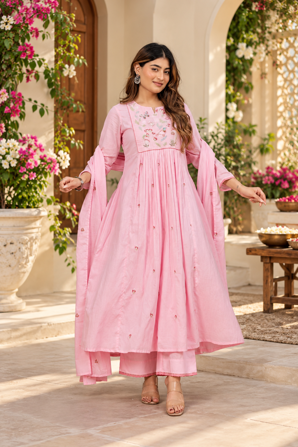 Pastel Pink Embroidered Flared Anarkali Suit Set