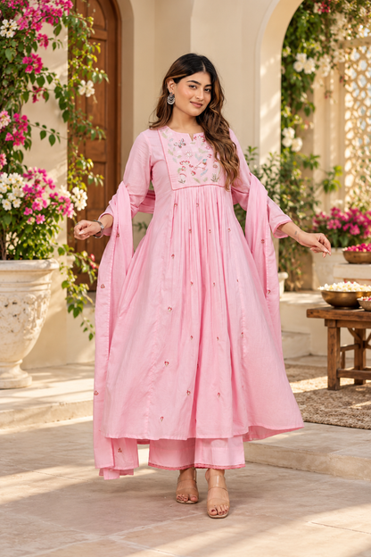 Pastel Pink Embroidered Flared Anarkali Suit Set