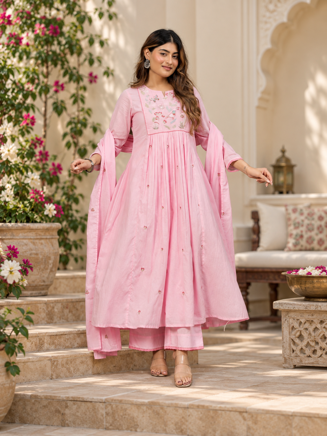 Pastel Pink Embroidered Flared Anarkali Suit Set