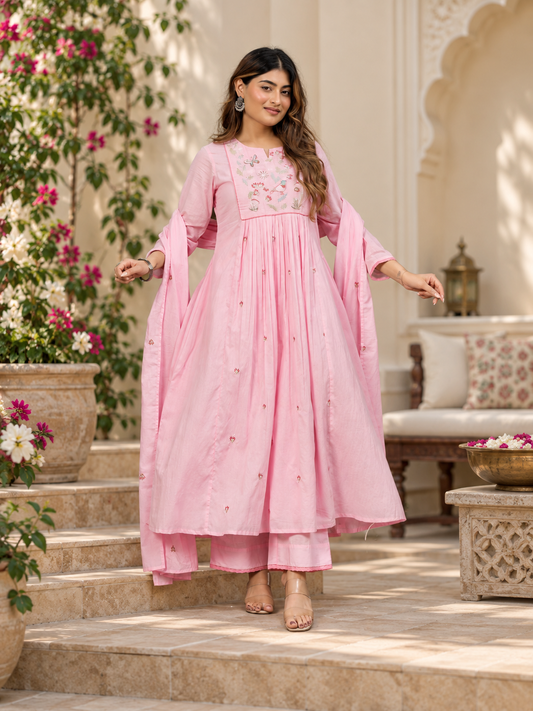 Pastel Pink Embroidered Flared Anarkali Suit Set