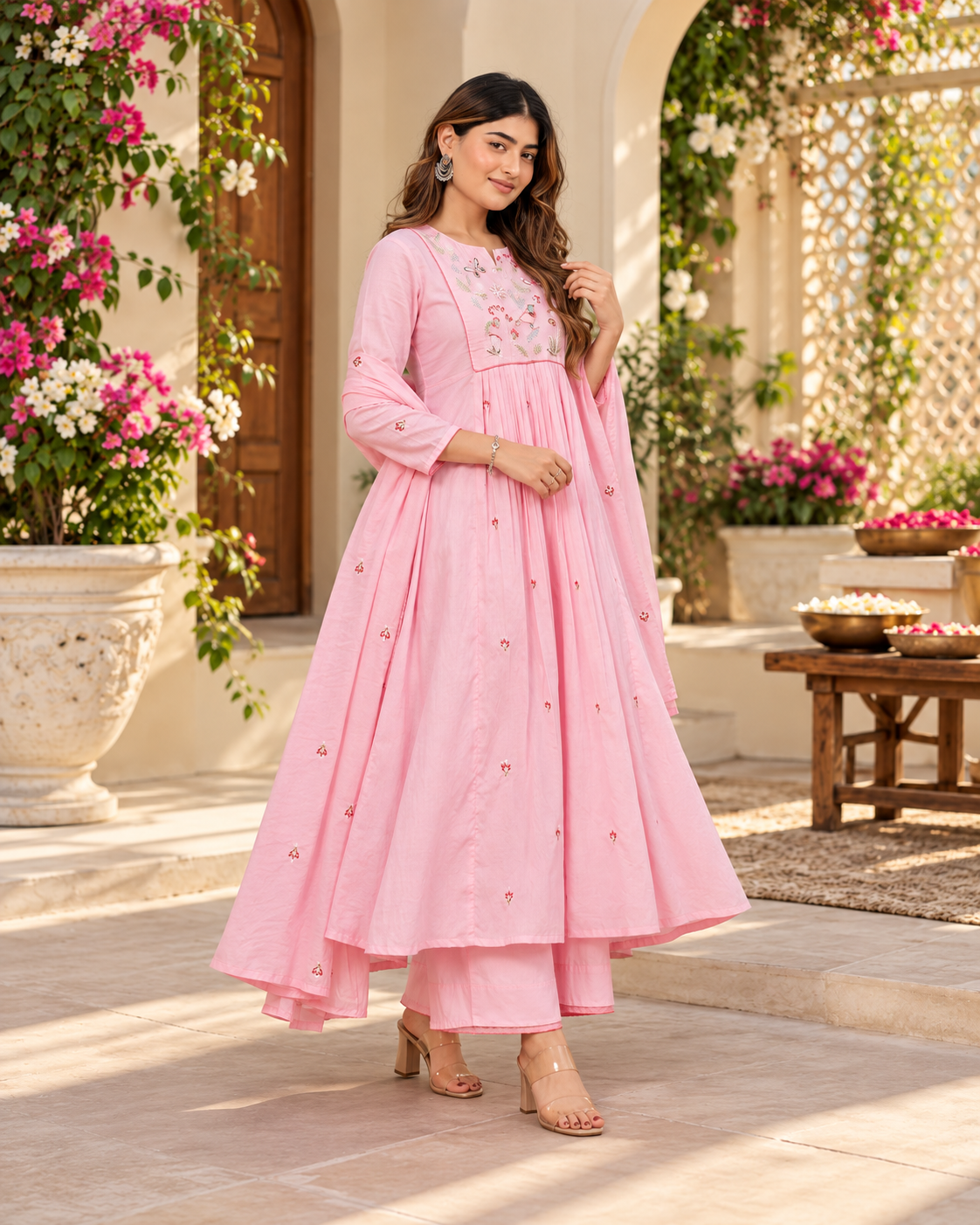 Pastel Pink Embroidered Flared Anarkali Suit Set