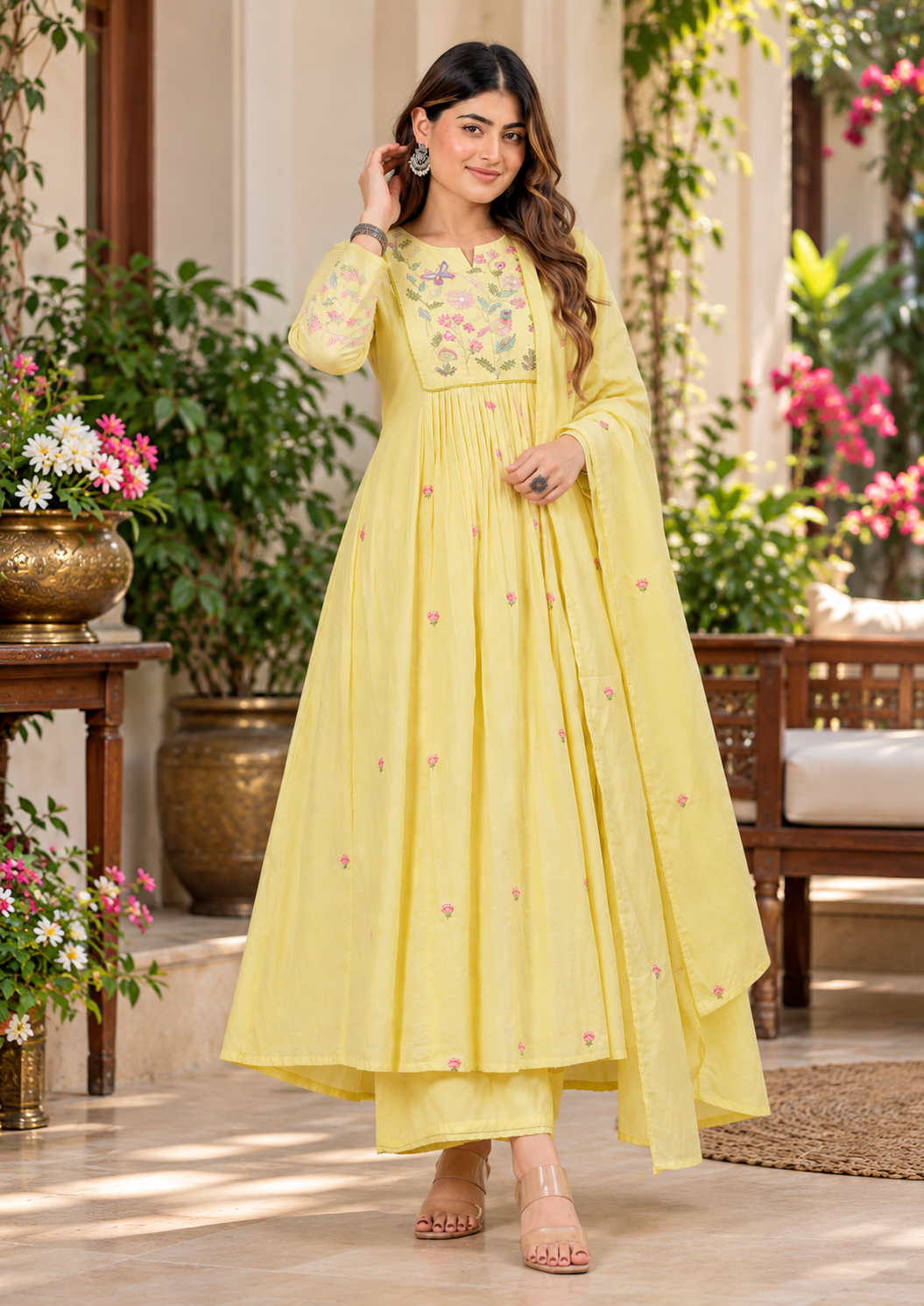 Lemon Bloom Embroidered Flared Anarkali Suit Set