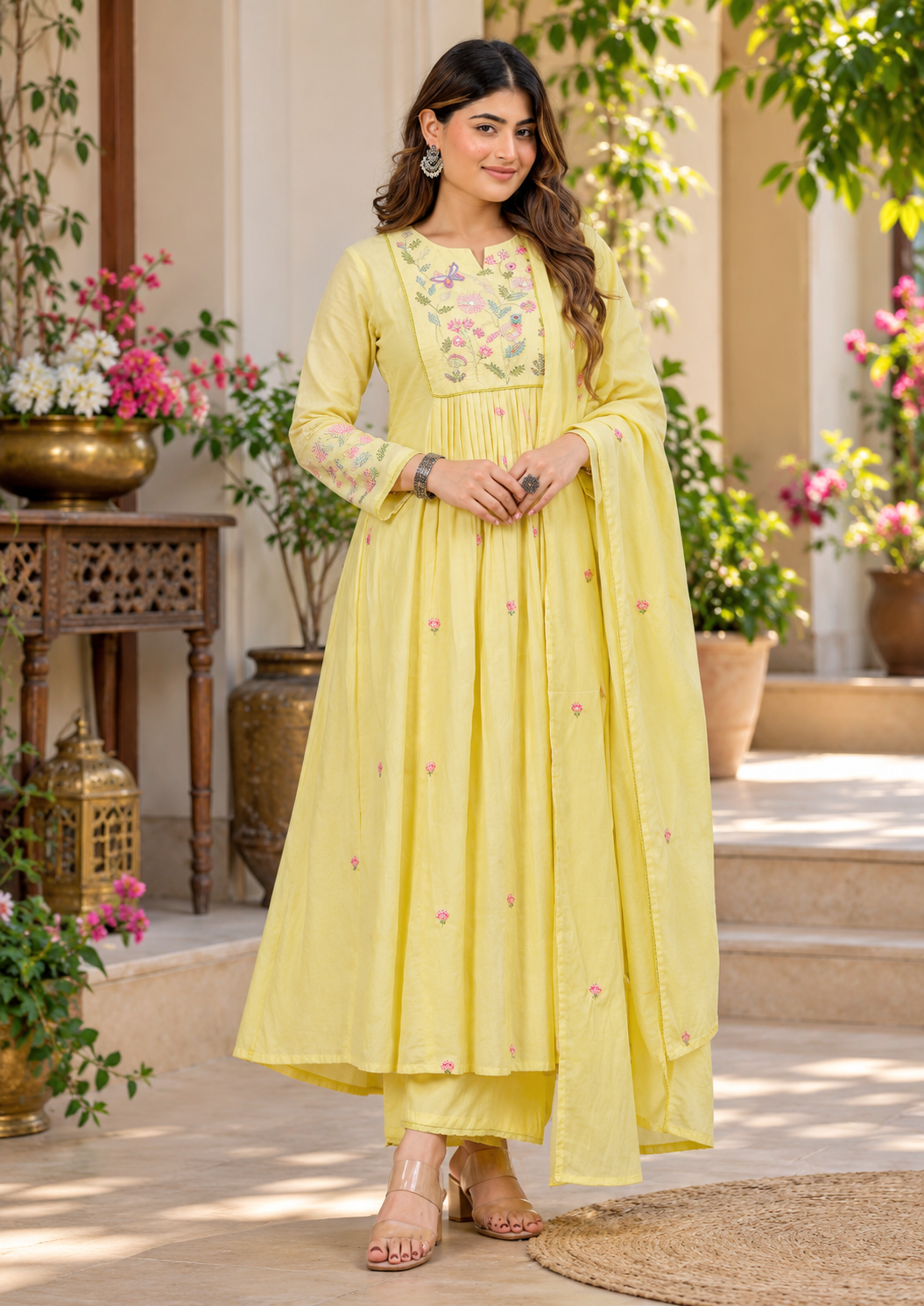 Lemon Bloom Embroidered Flared Anarkali Suit Set