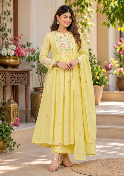 Lemon Bloom Embroidered Flared Anarkali Suit Set