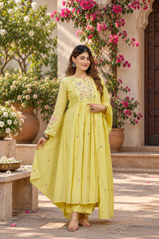 Lemon Bloom Embroidered Flared Anarkali Suit Set