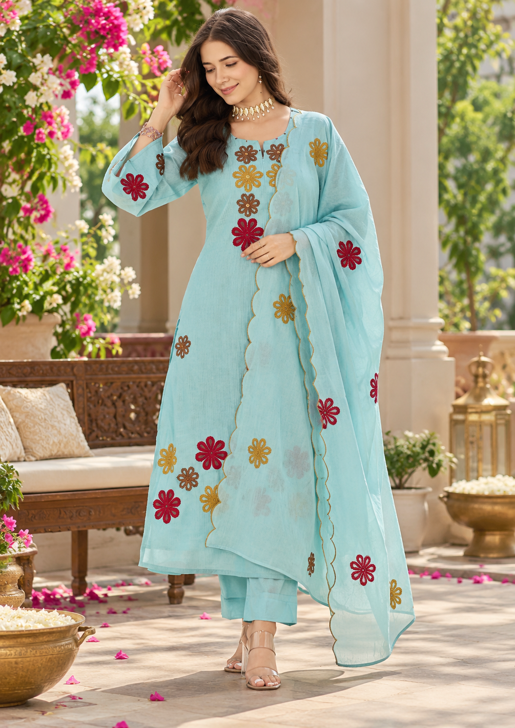 Pretty Aqua Embroidered Suit Set