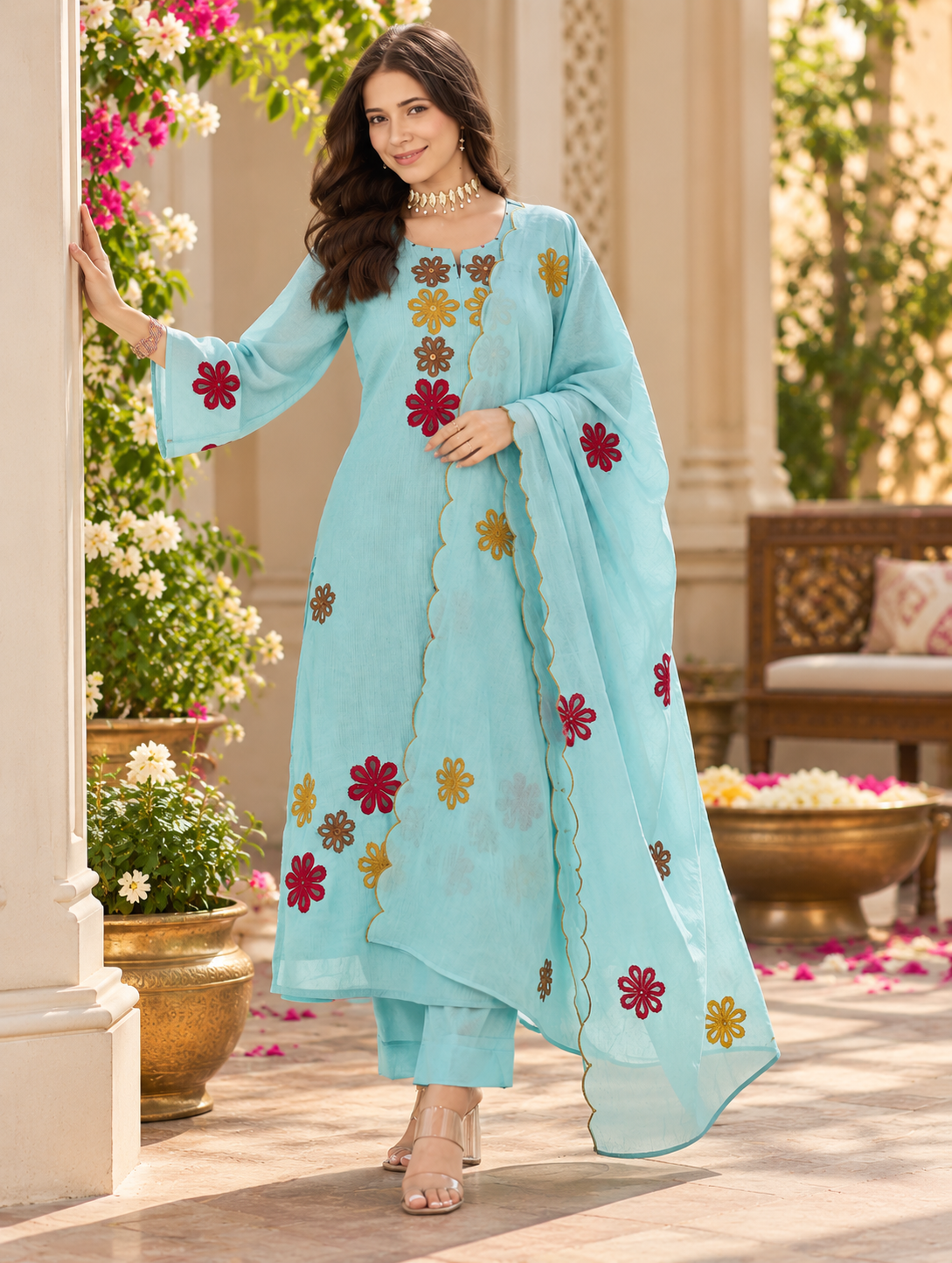 Pretty Aqua Embroidered Suit Set