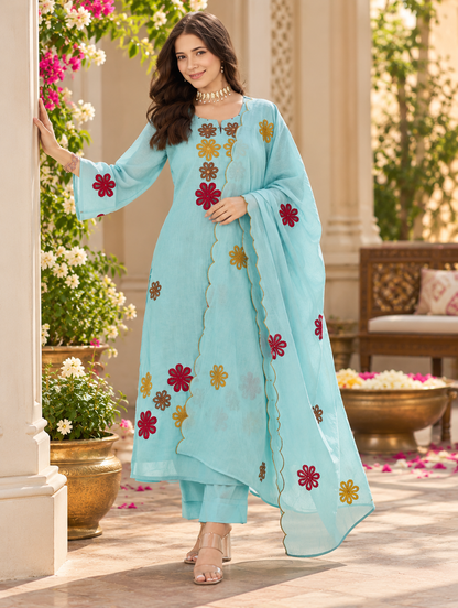 Pretty Aqua Embroidered Suit Set
