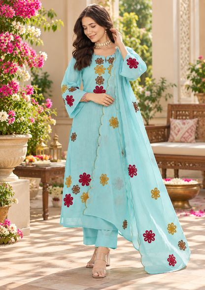 Pretty Aqua Embroidered Suit Set