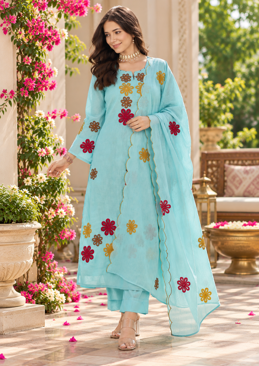 Pretty Aqua Embroidered Suit Set