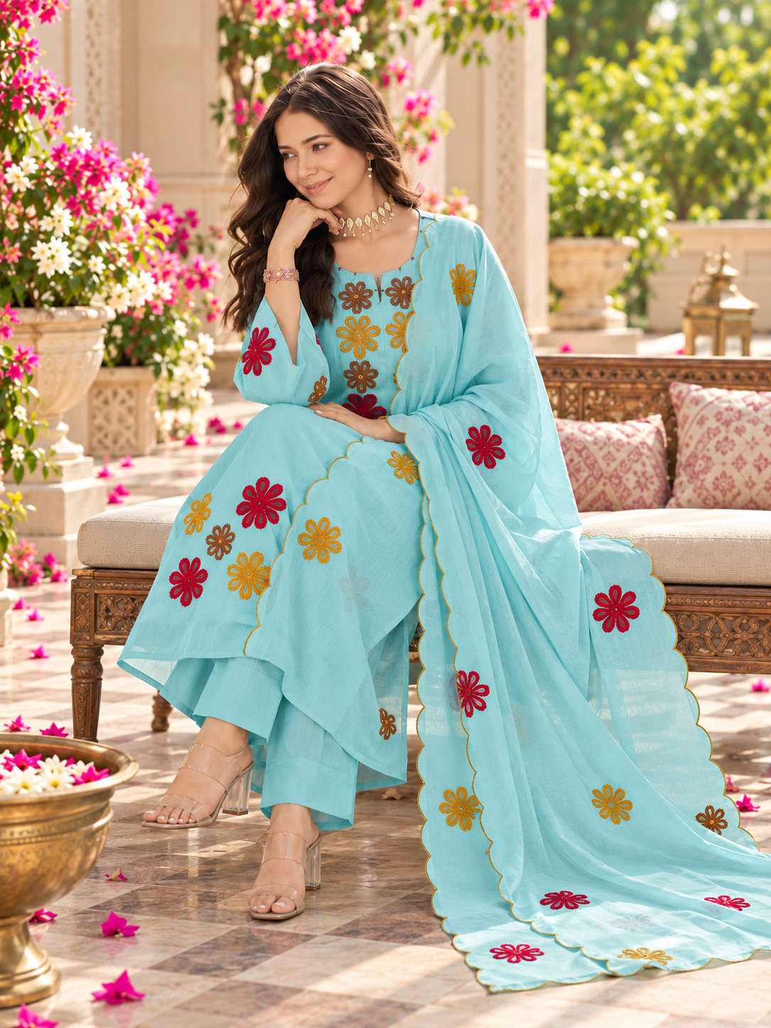 Pretty Aqua Embroidered Suit Set