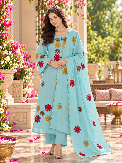 Pretty Aqua Embroidered Suit Set