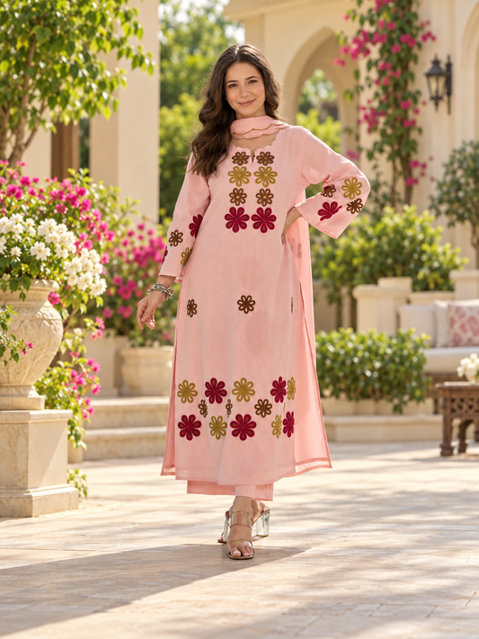 Beautiful Blush Pink Floral Embroidered Suit Set