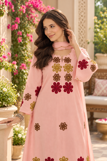 Beautiful Blush Pink Floral Embroidered Suit Set