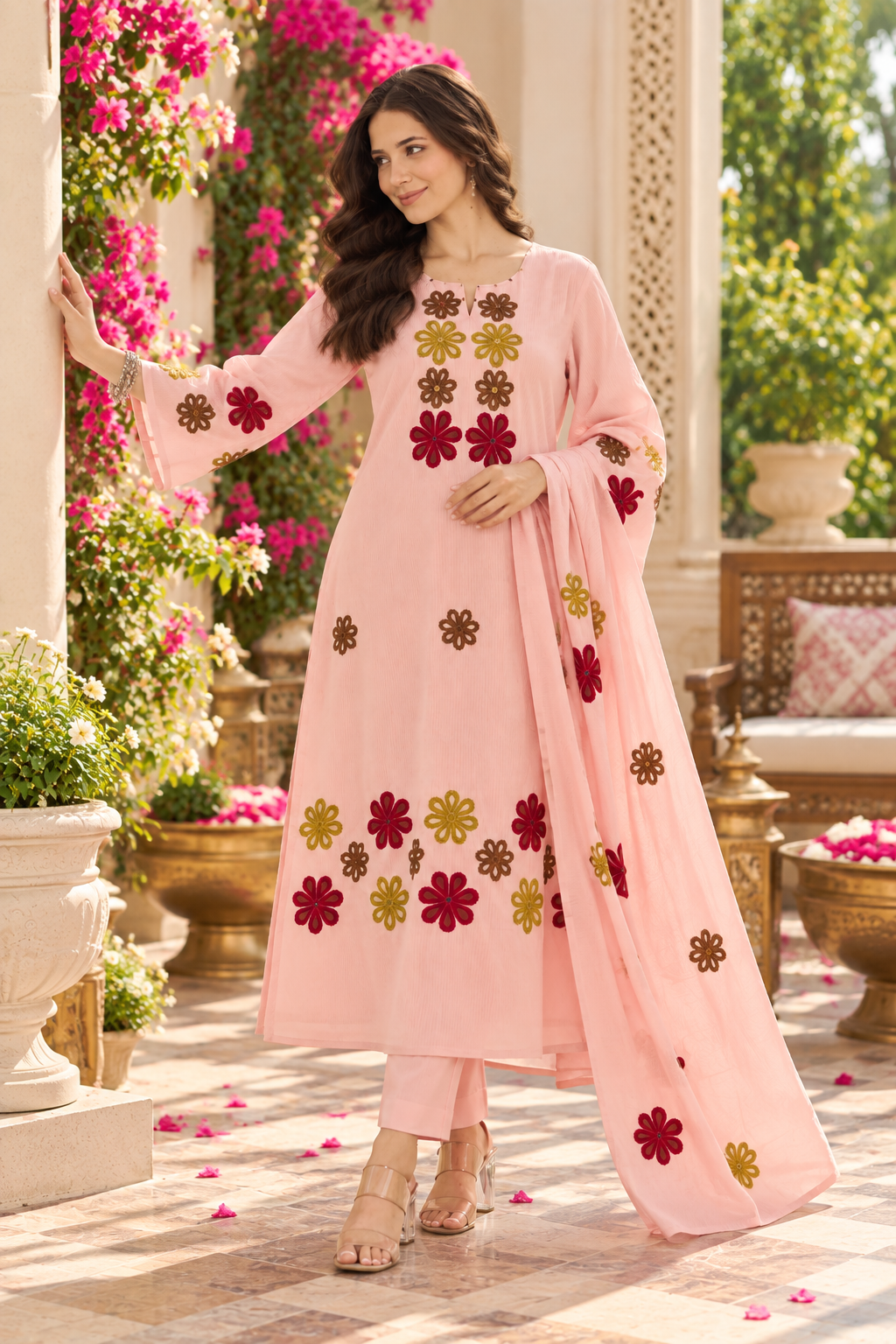 Beautiful Blush Pink Floral Embroidered Suit Set