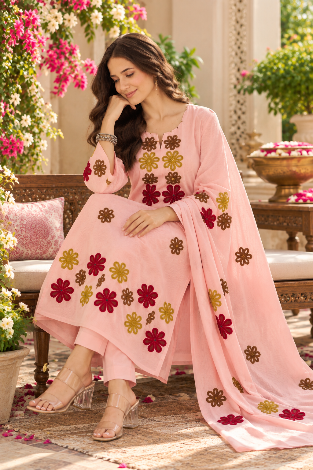 Beautiful Blush Pink Floral Embroidered Suit Set