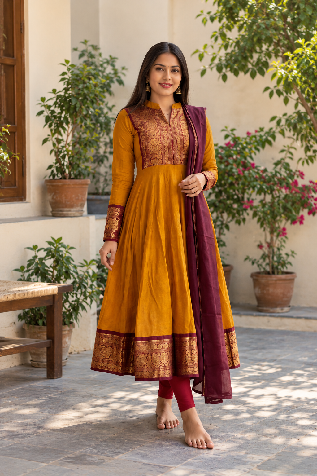 Elegant Mustard Maroon Anarkali Suit Set