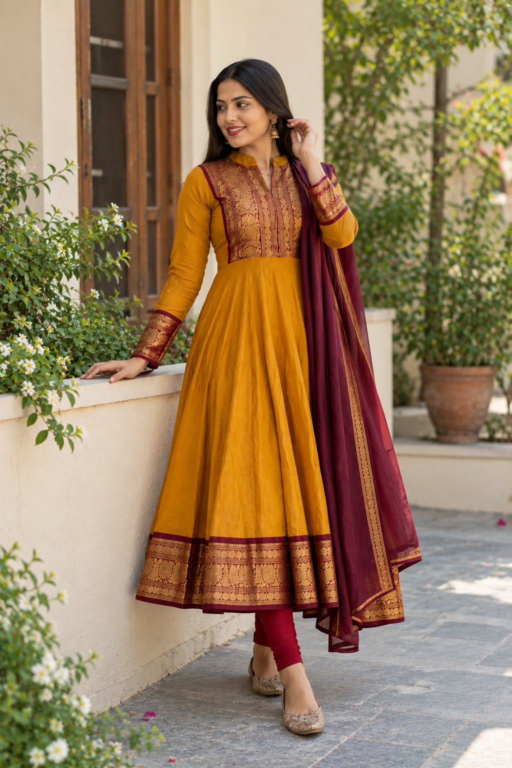 Elegant Mustard Maroon Anarkali Suit Set