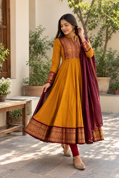 Elegant Mustard Maroon Anarkali Suit Set