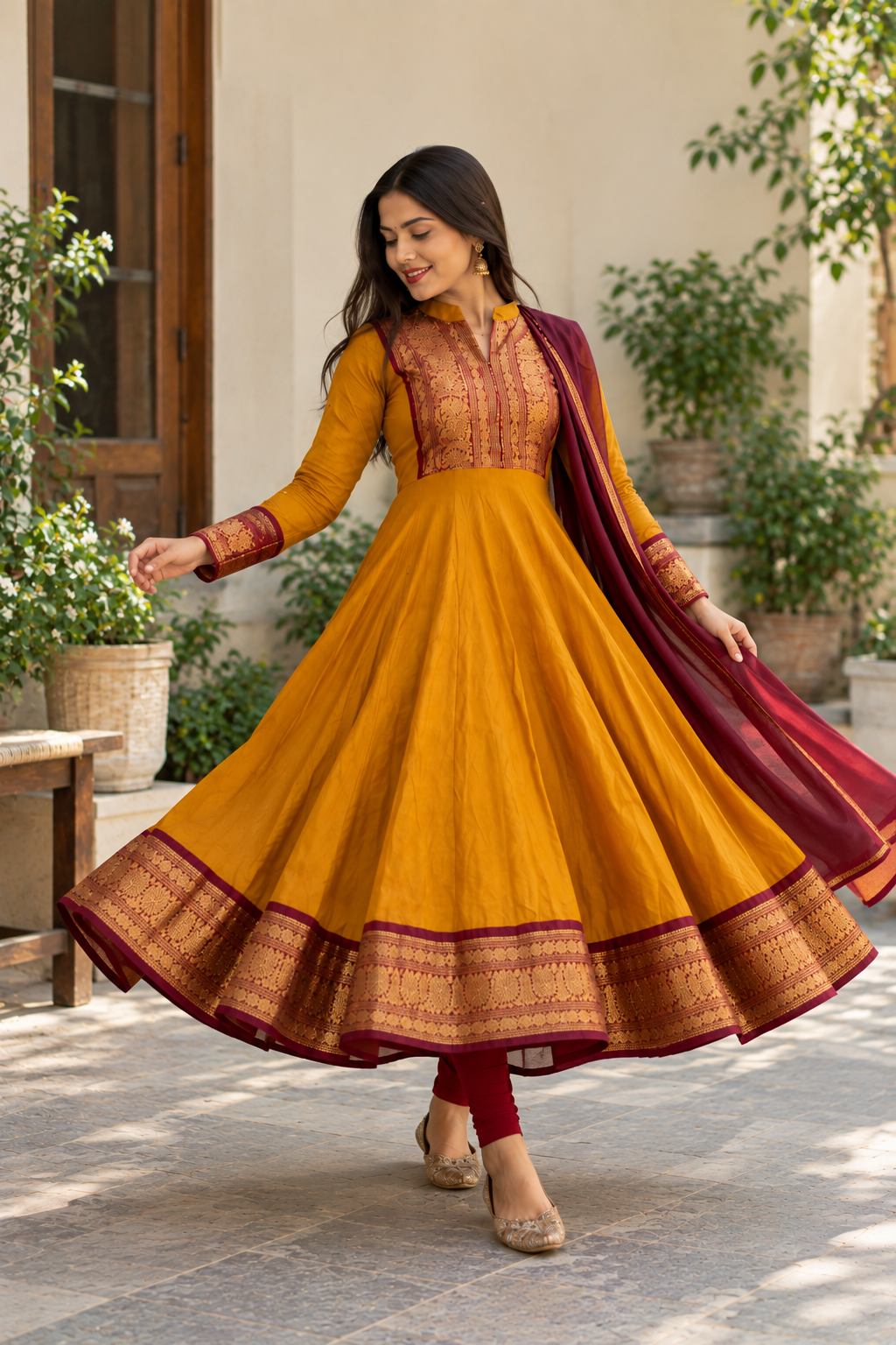 Elegant Mustard Maroon Anarkali Suit Set