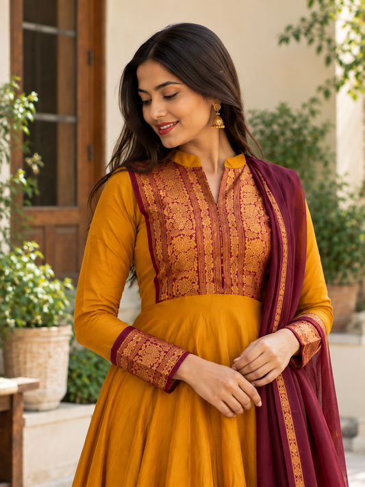 Elegant Mustard Maroon Anarkali Suit Set
