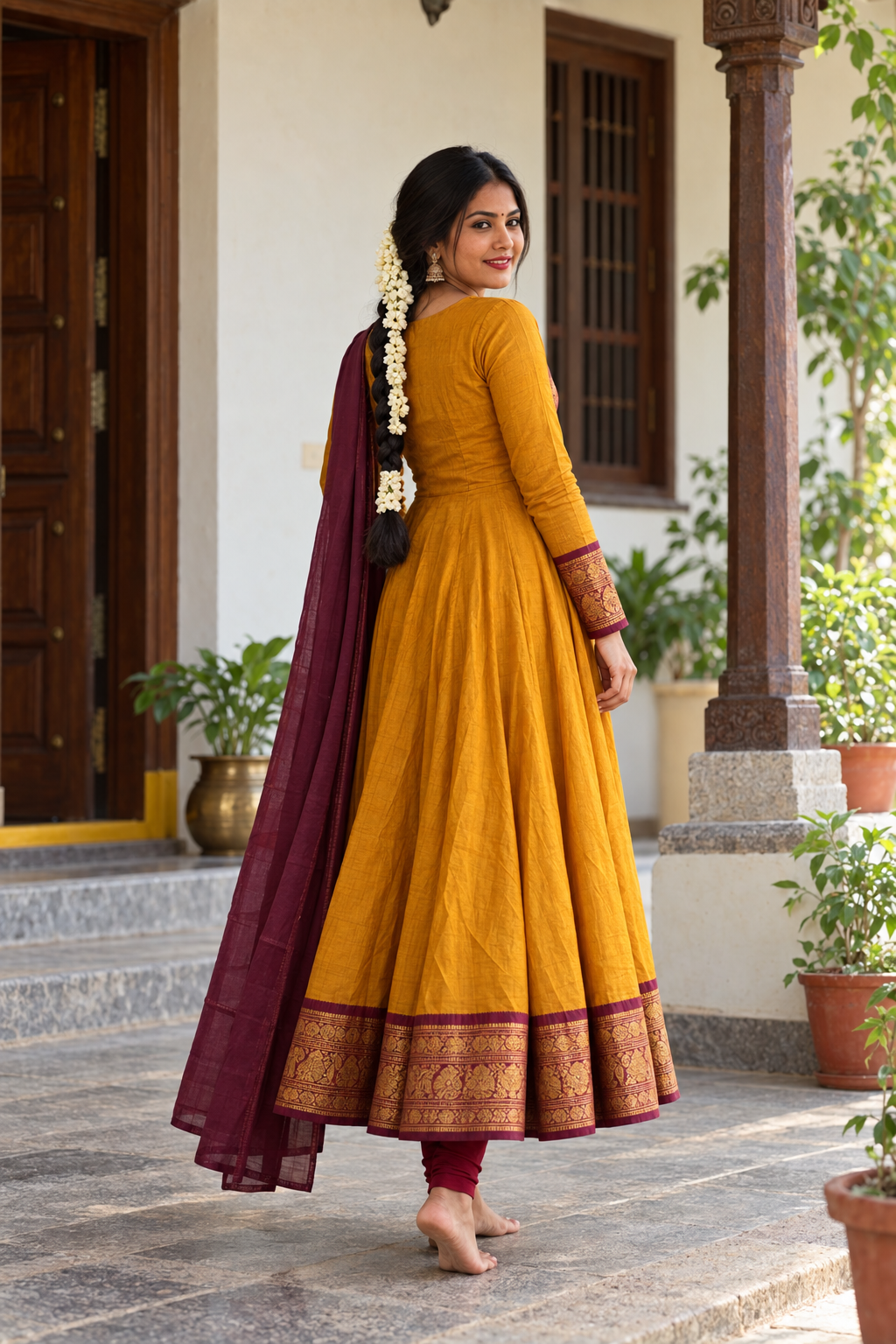 Elegant Mustard Maroon Anarkali Suit Set