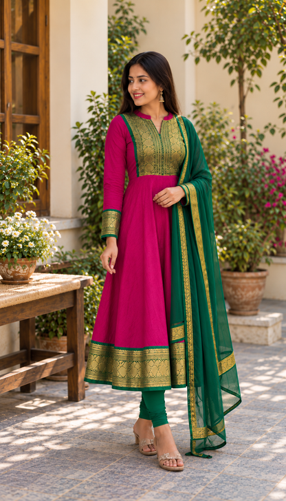 Beautiful Rani Pink Green Anarkali Suit Set