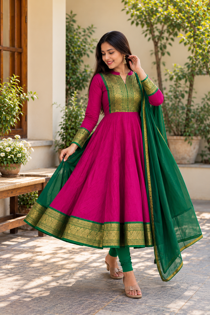 Beautiful Rani Pink Green Anarkali Suit Set