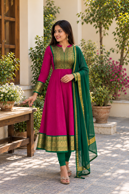 Beautiful Rani Pink Green Anarkali Suit Set