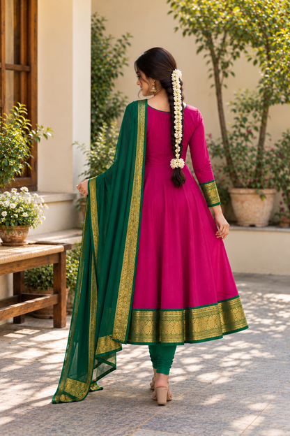 Beautiful Rani Pink Green Anarkali Suit Set